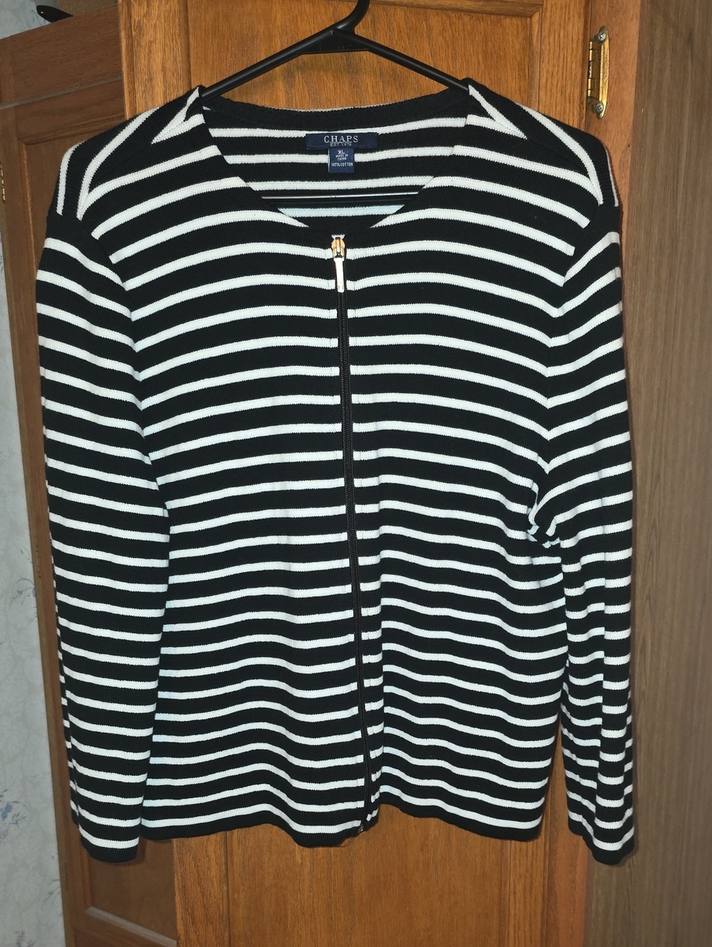Chaps Black and White Striped Zip-Front Cardigan Sweater
